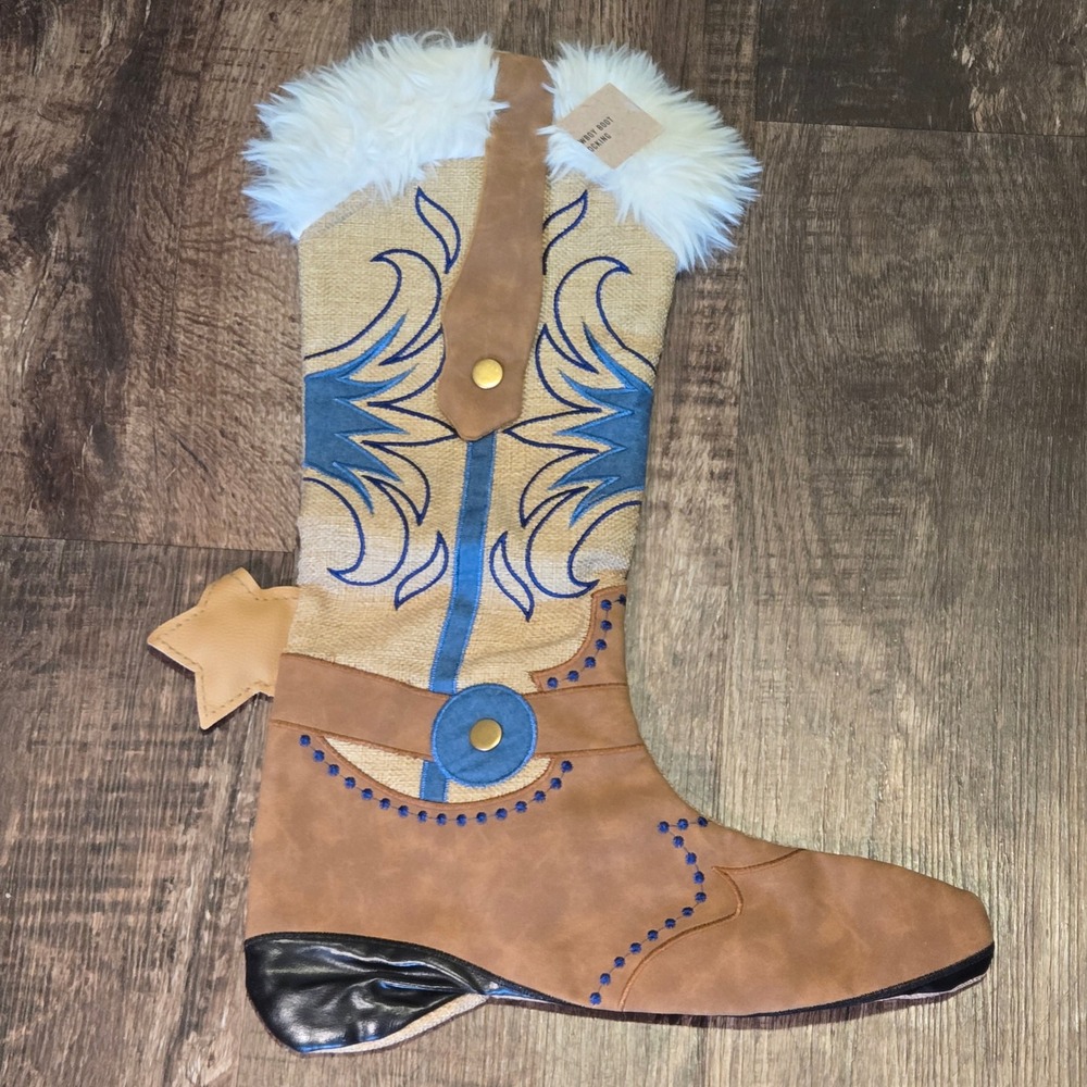 Western Cowboy Boot Christmas Stocking Burlap Faux Fur Trim Blue Embroidery NWT